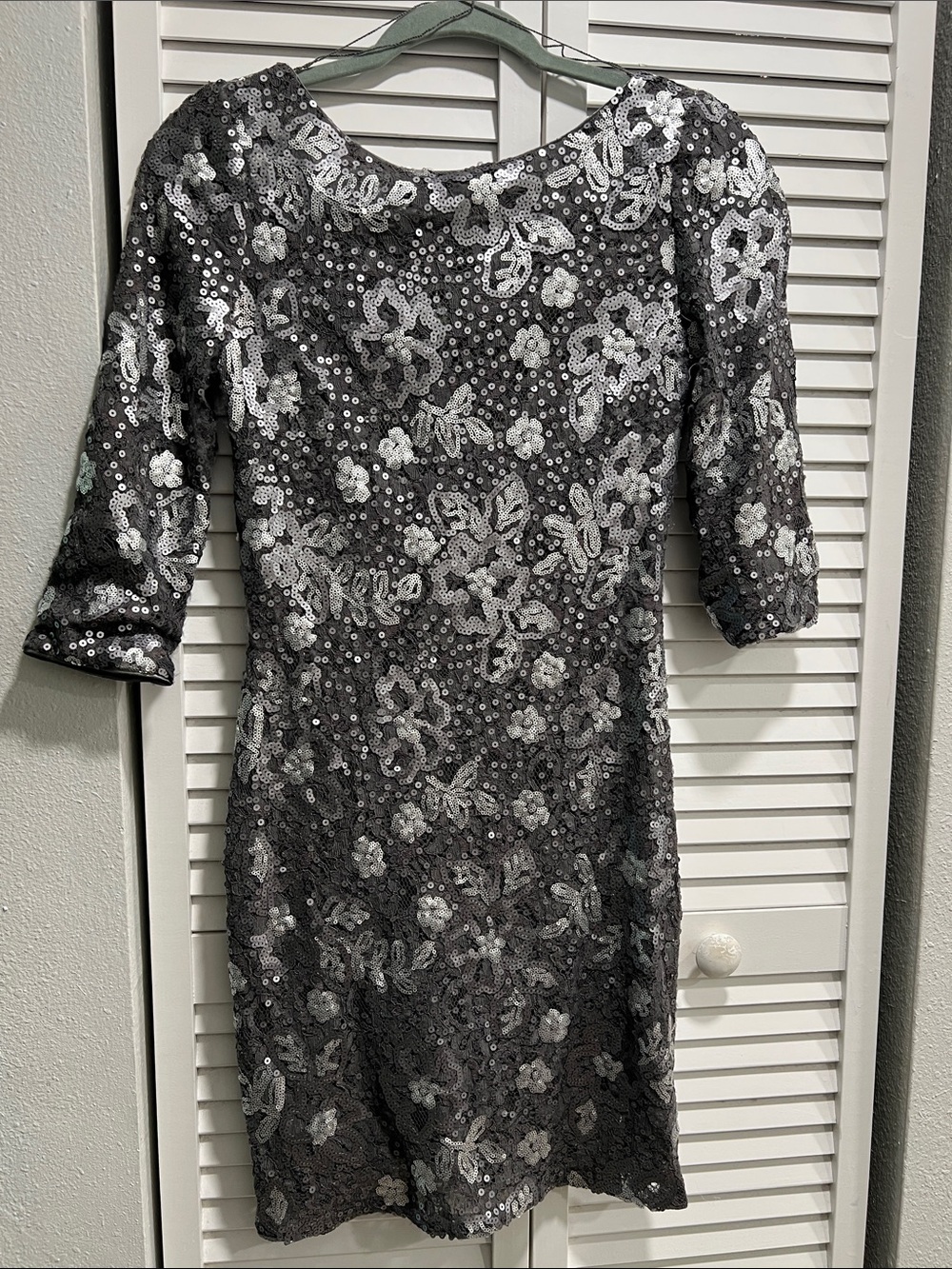 Sequined Floral Lace Cocktail Dress - Silver w/ silver attached slip.